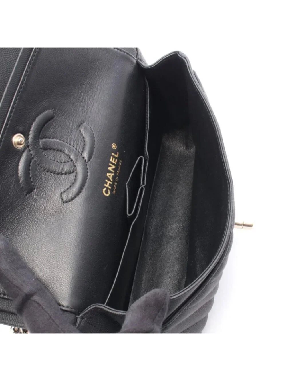 Chanel Shoulder Bag Chevron Stitch Double Flap Matte Black Caviar Leather